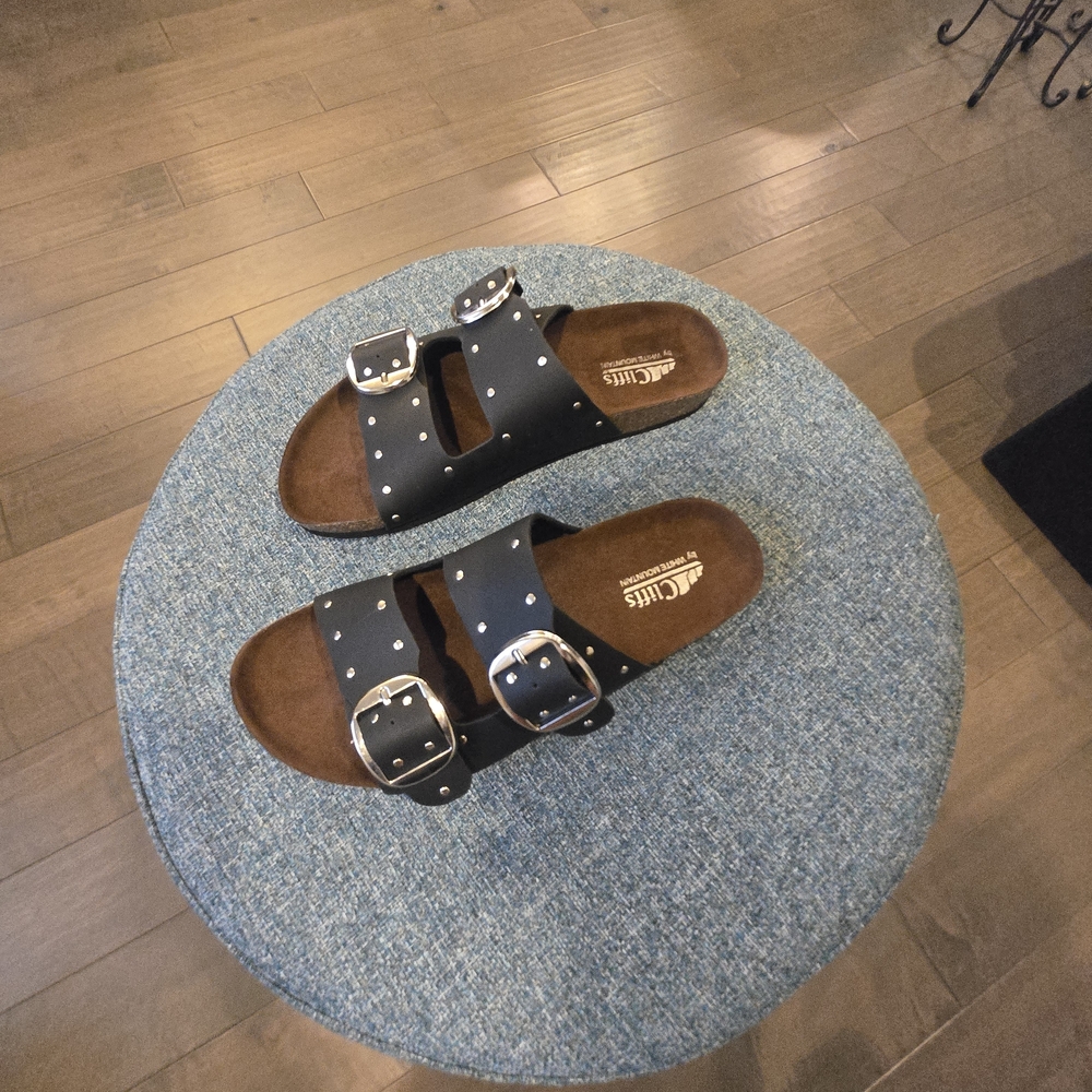 Cliffs by White Mountain, Black Double Buckle Studded Slide Sandals - Picture 4 of 8